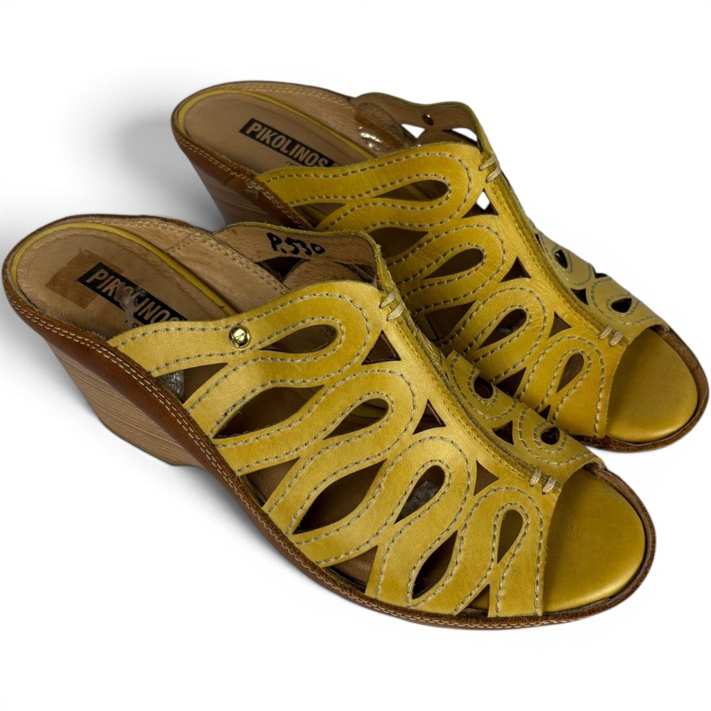 Pikolinos Womens 38 Yellow Leather Cutout Wedge Mules Sandals Peep Toe Spain